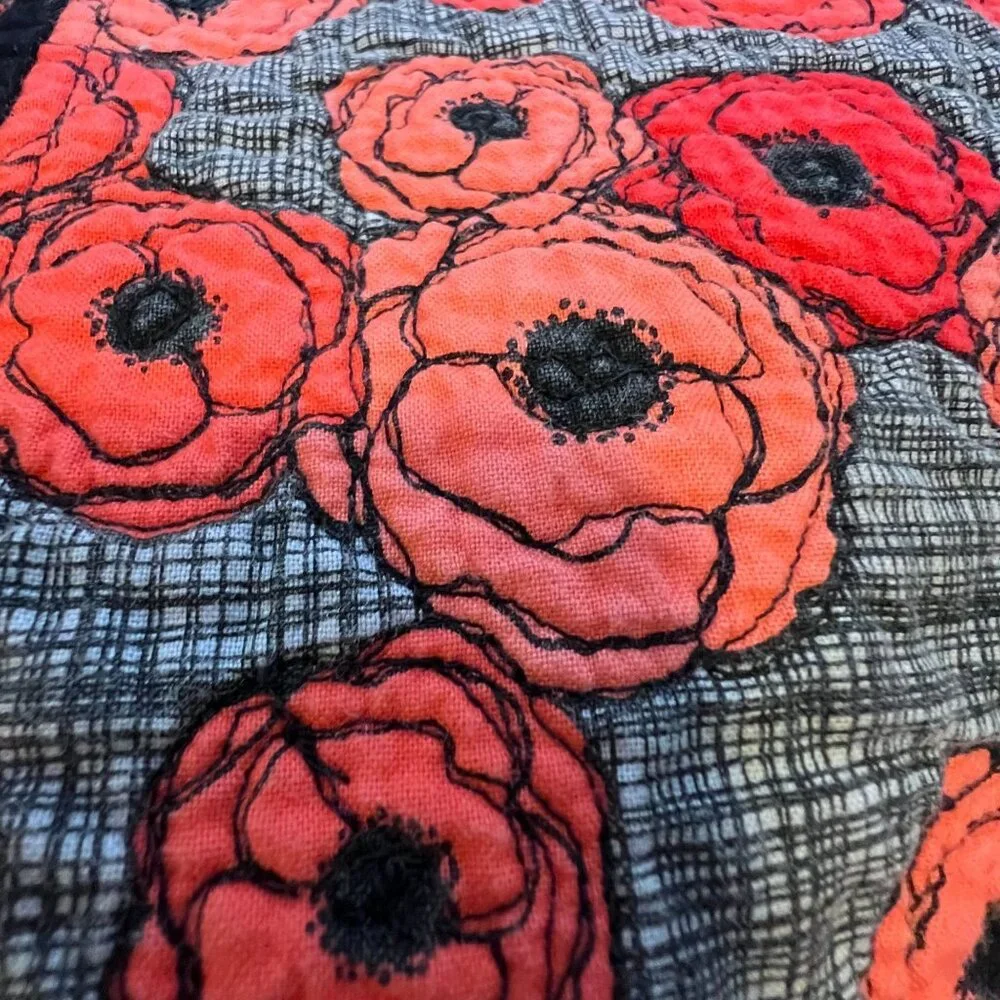 Set Of 4 Handmade Quilted‎ Placemats With Red & Orange Poppies Floral Design